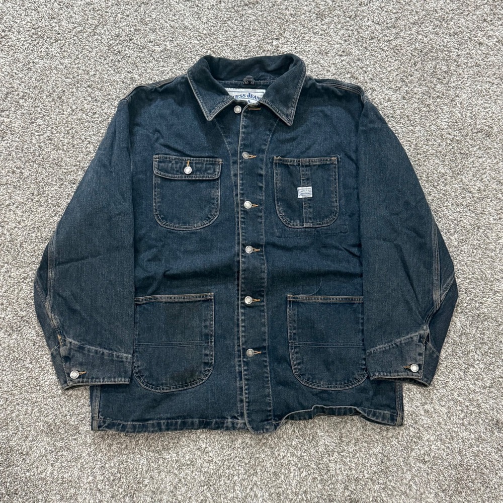 Vintage 90s Guess Jeans Workwear Denim Chore Coat Mens Medium Dark Wash USA